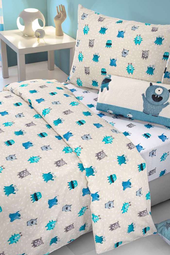 Saint Clair Set Paidika Sentonia 100x200cm me Maxilarothiki 50x70cm Monsters Blue (me Lastixo)