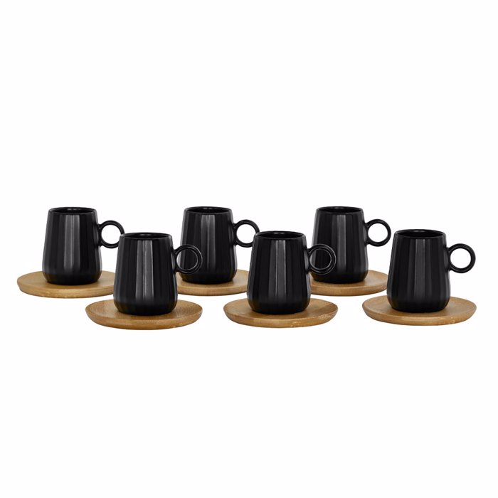 Liberta-Maison Ripple Koupa Espresso Set 6TMX 26x23x6cm Porselani Mavro Fusiko Bamboo 030034